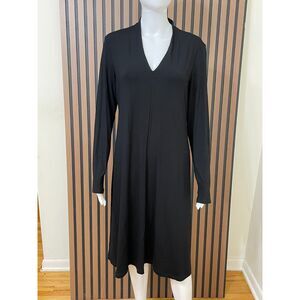 Eileen Fisher Women's M Black Dress Rayon Shift Midi Cocktail Travel Minimalist